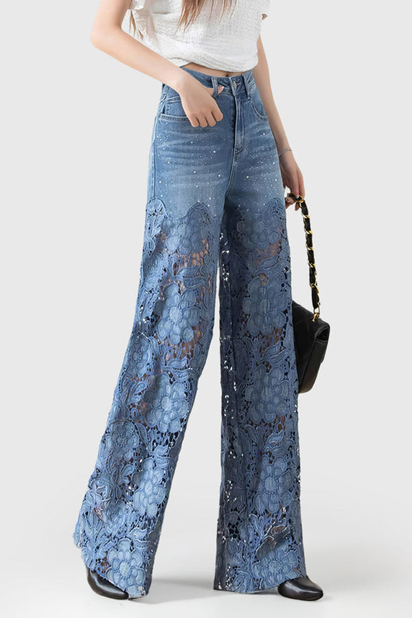 Lace-Detail Patchwork Wide-Leg Jeans