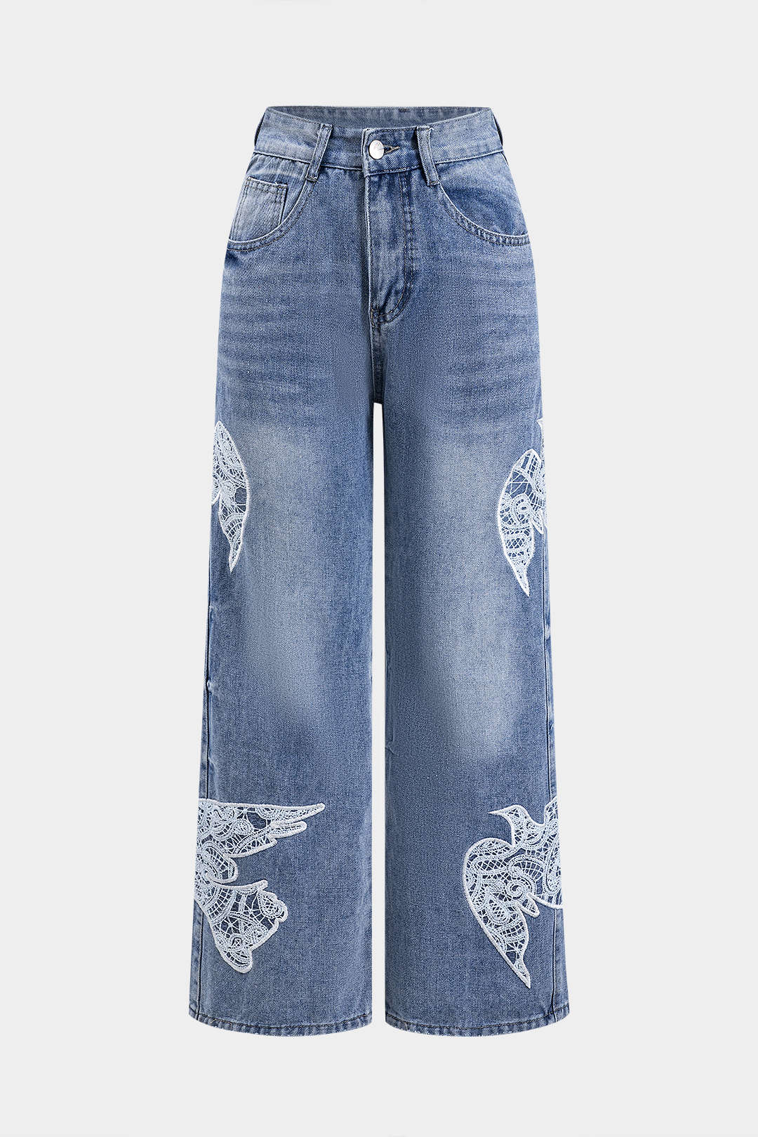 Elysia Lace-Embroidered Wide-Leg Jeans