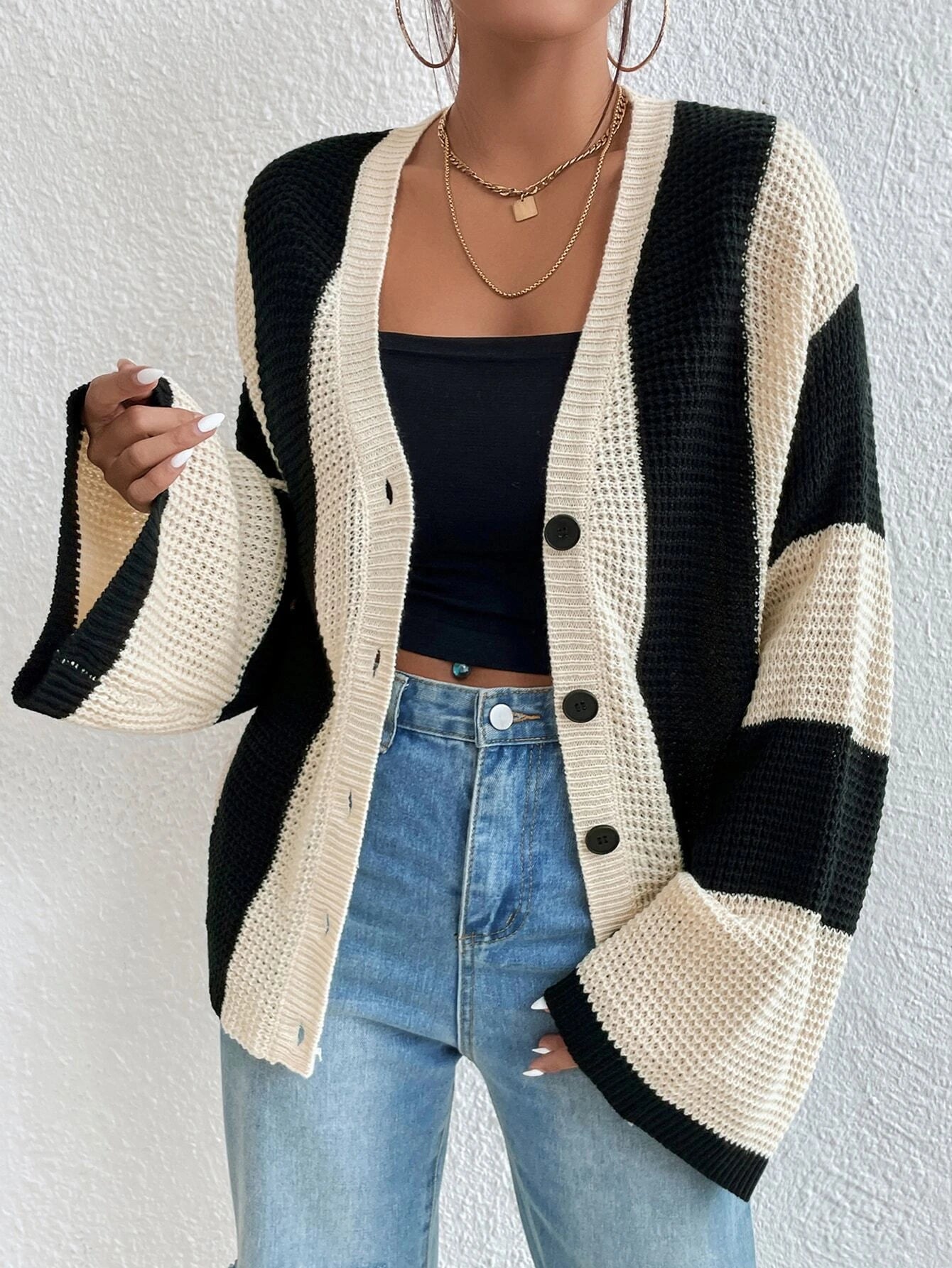 Bold Lines Waffle Knit Cardigan