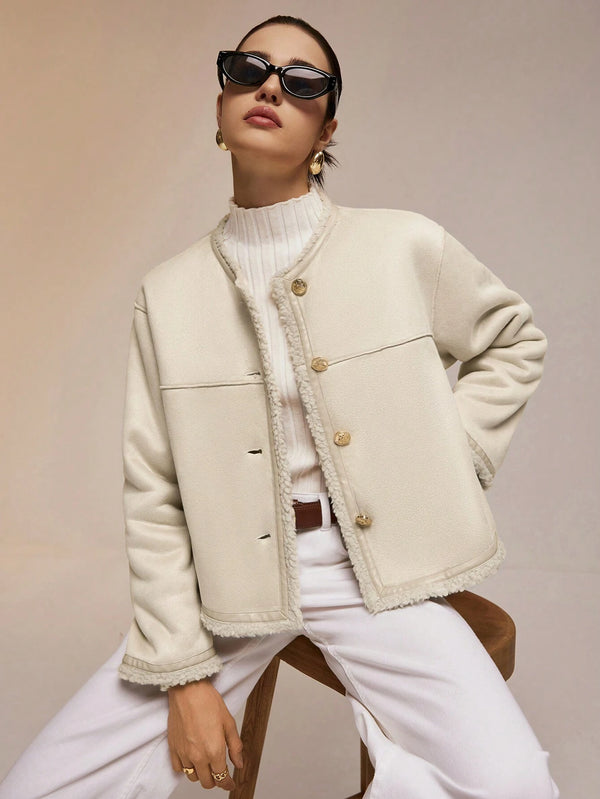 Ivory Alta Button-Trim Fleece Jacket