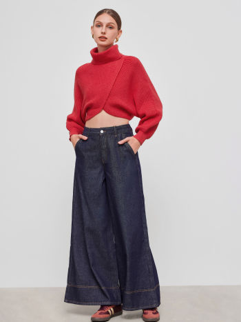 High-Neck Cropped Knit Sweater