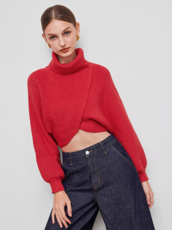 High-Neck Cropped Knit Sweater