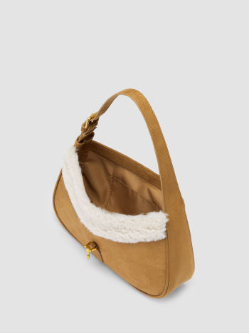 Suede Shoulder Bag with Faux Fur Trim