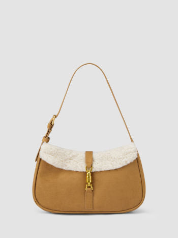 Suede Shoulder Bag with Faux Fur Trim