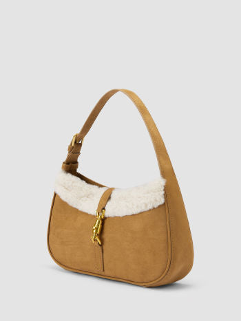 Suede Shoulder Bag with Faux Fur Trim