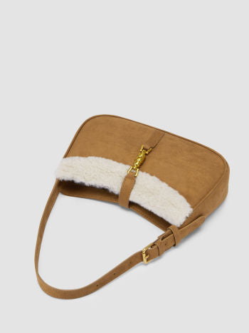 Suede Shoulder Bag with Faux Fur Trim