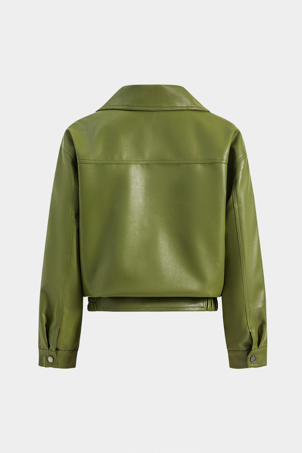 Electric Olive Cropped Faux Leather Jacket