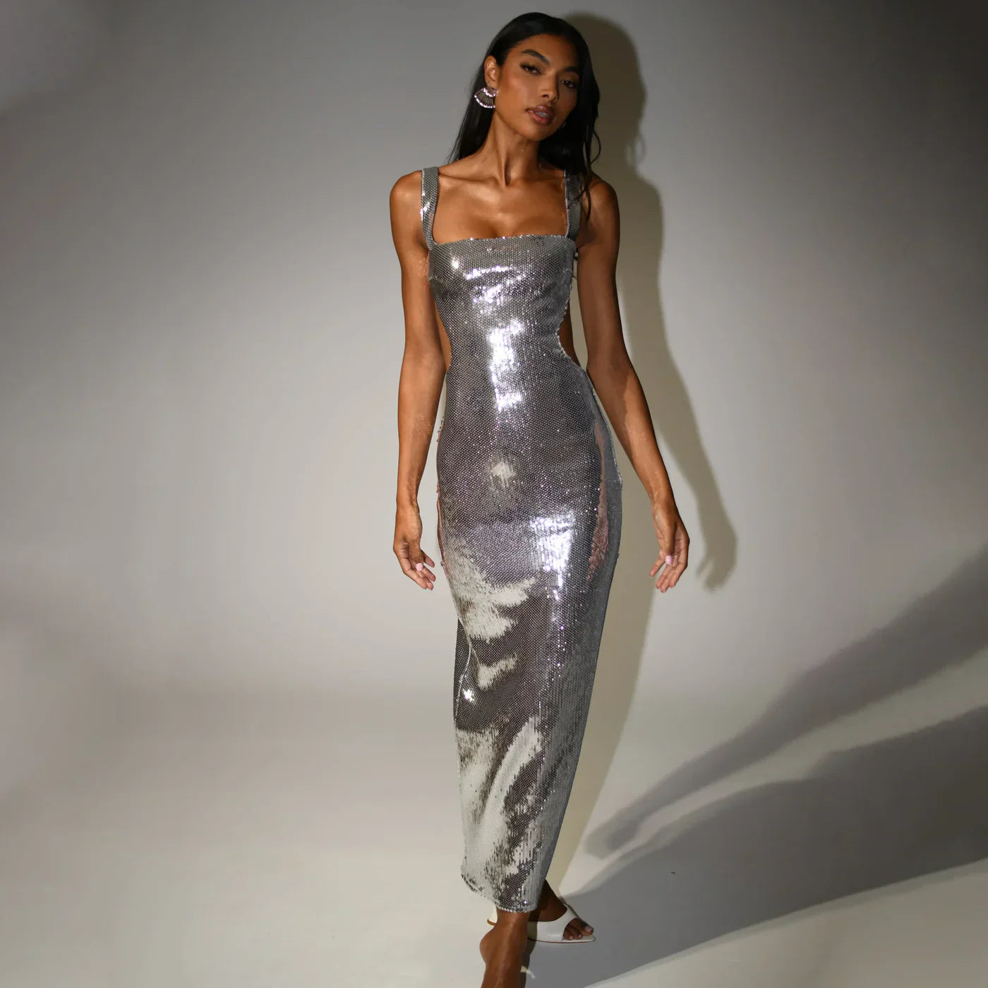 Lustrous Silver Sequin Maxi Dress