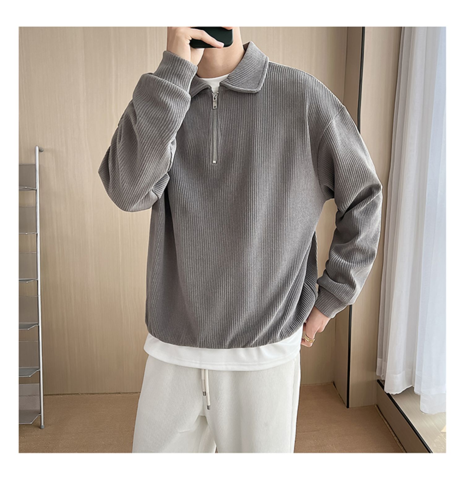 Halston Ribbed Quarter-Zip Lounge Pullover