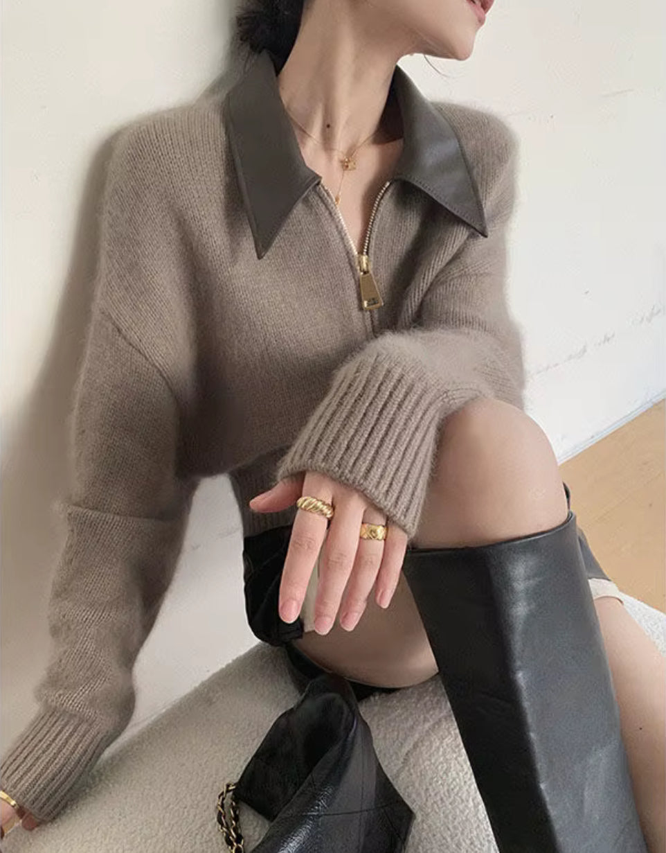 Elowen Faux Leather Collar Zip Cardigan