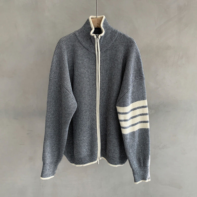 Monarch Track-Stripe Funnel Zip Sweater