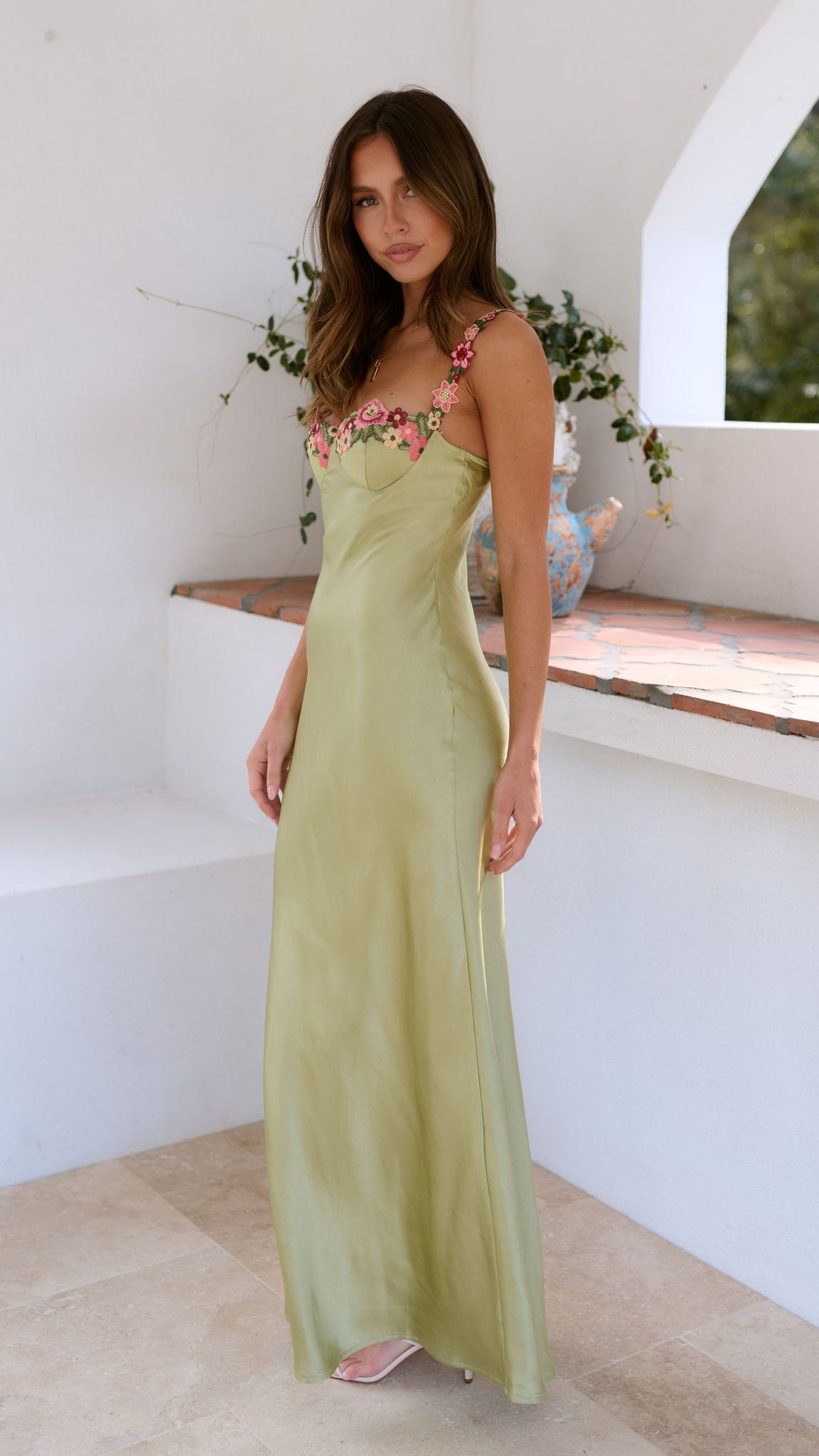 Isla Bloom Embroidered Satin Maxi Dress