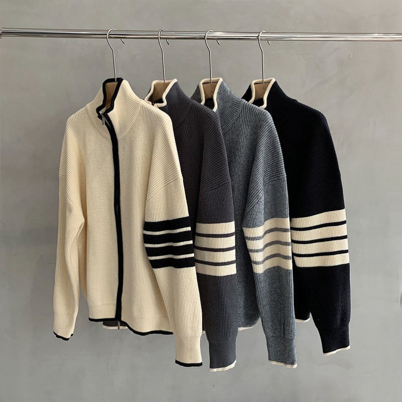 Monarch Track-Stripe Funnel Zip Sweater