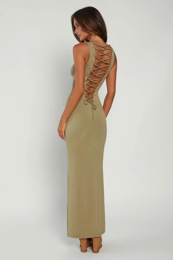 Khaki Lace-Up Cut-Out Maxi Dress