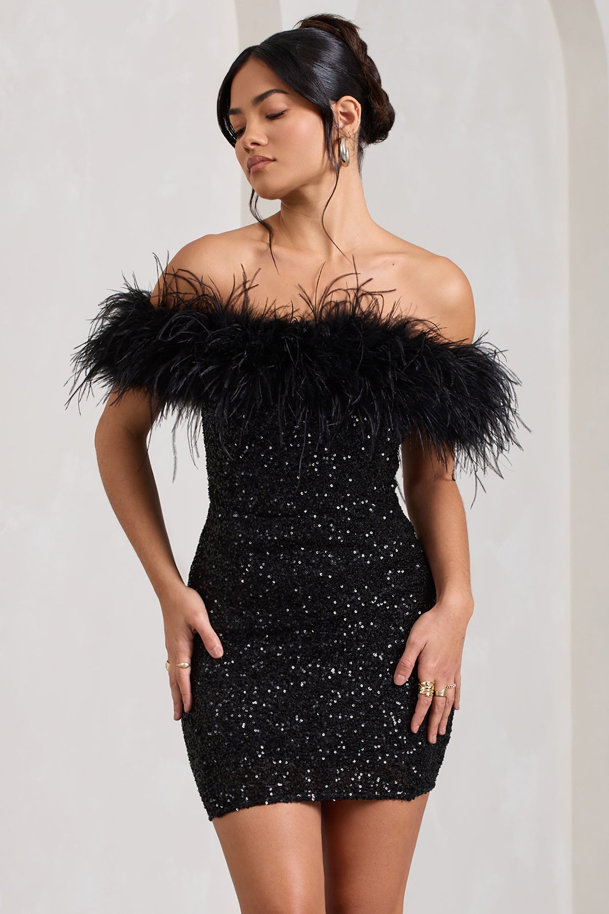 Black Bordeaux Affair Feather Mini Dress