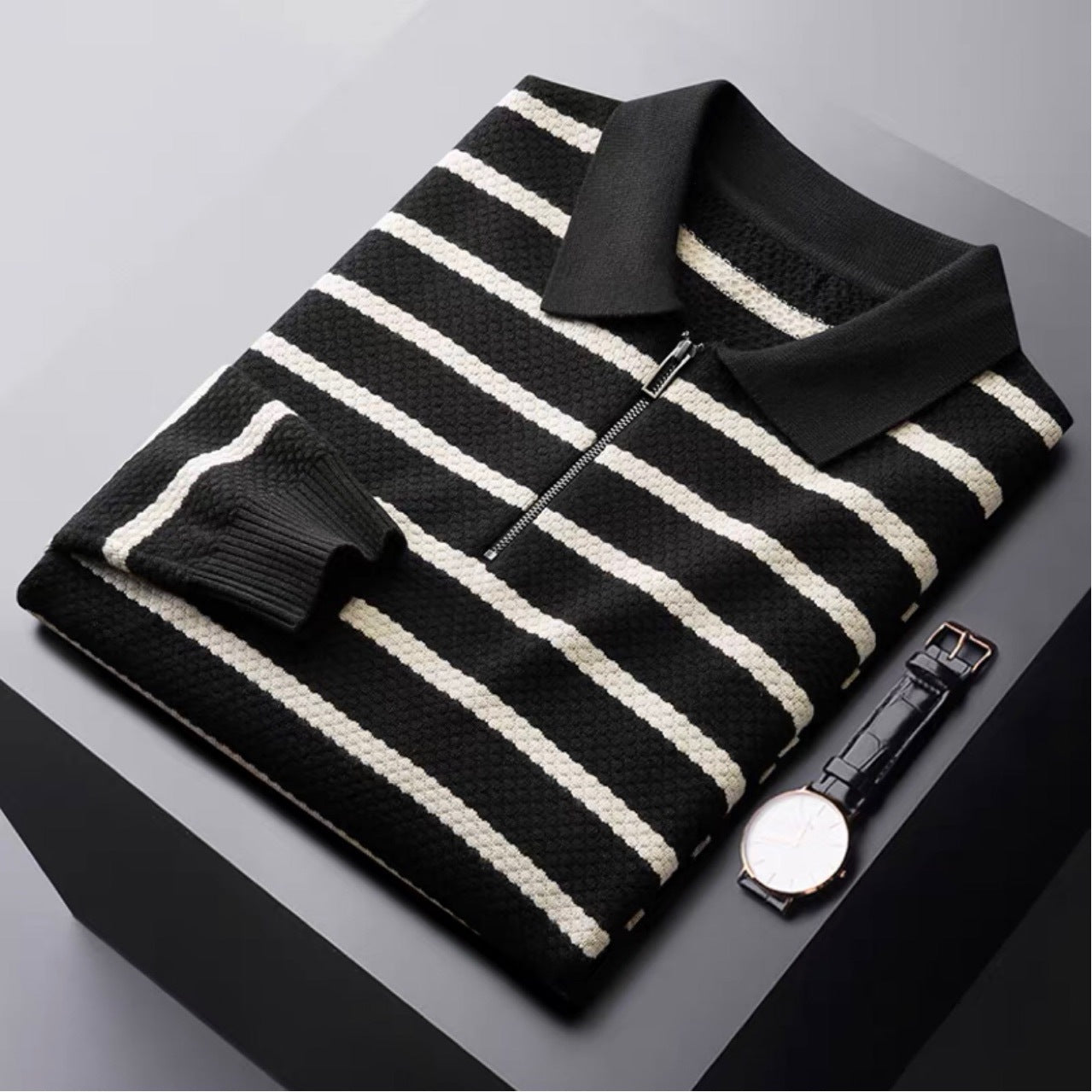 Eldridge Textured Zip-Collar Polo Knit