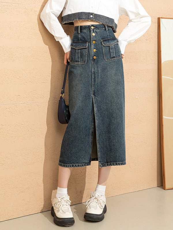Depot Row Button-Front Denim Skirt