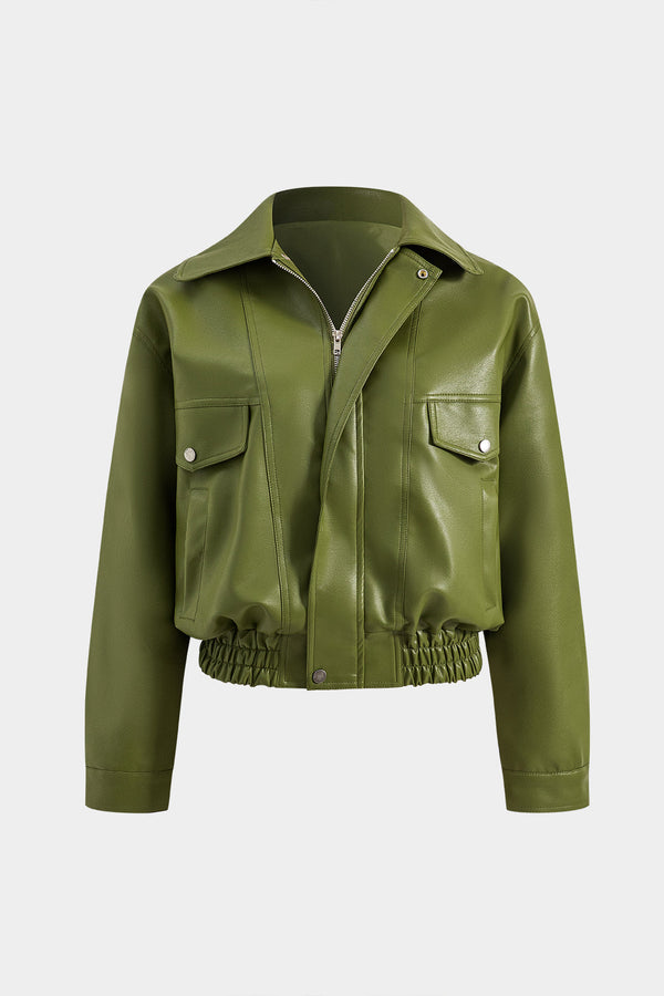 Electric Olive Cropped Faux Leather Jacket