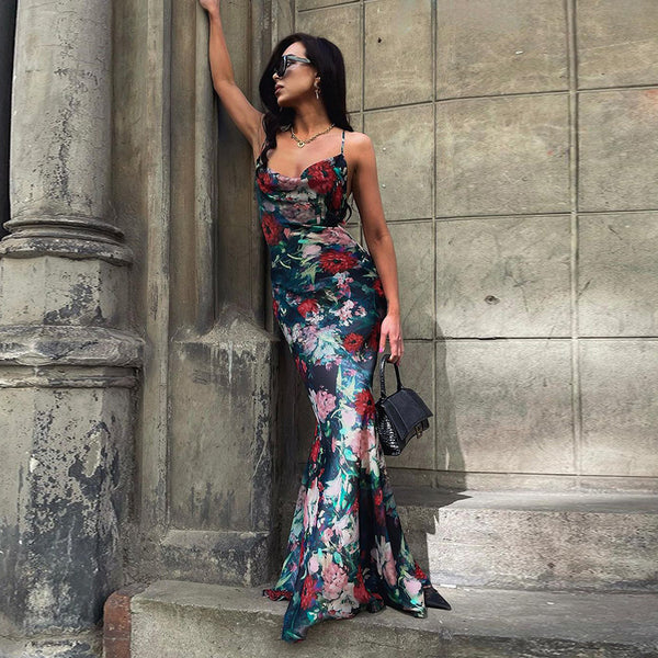 Midnight Bloom Satin Maxi Dress