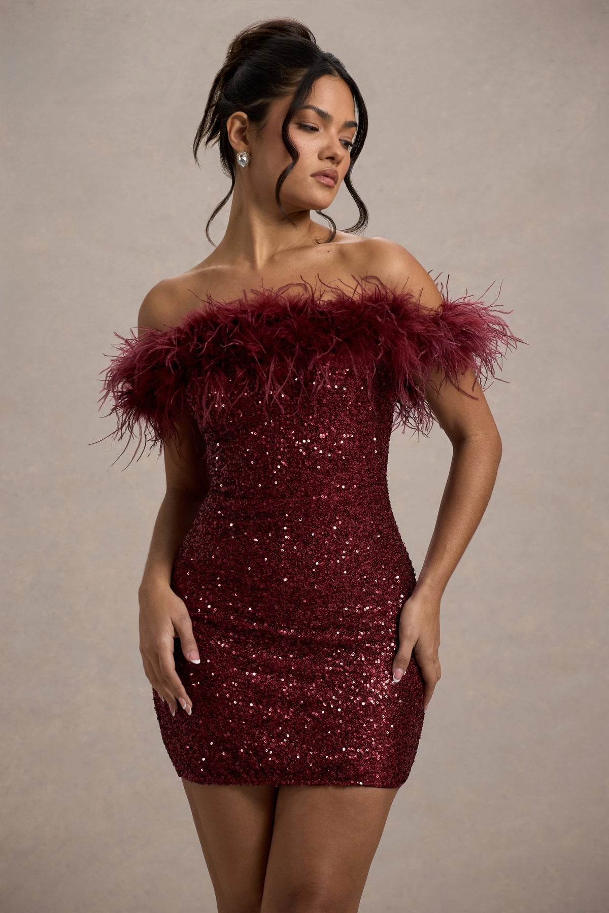 Burgundy Bordeaux Affair Feather Mini Dress