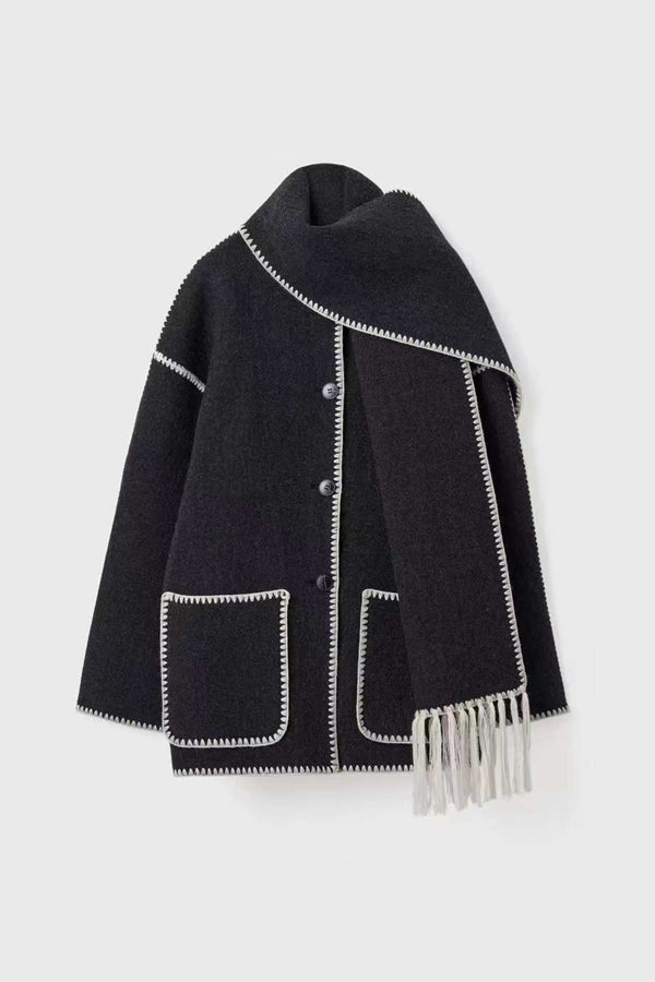 Noir Contrast Fringe Scarf Coat