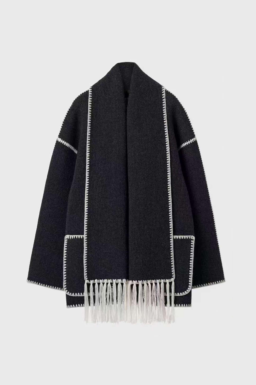 Noir Contrast Fringe Scarf Coat