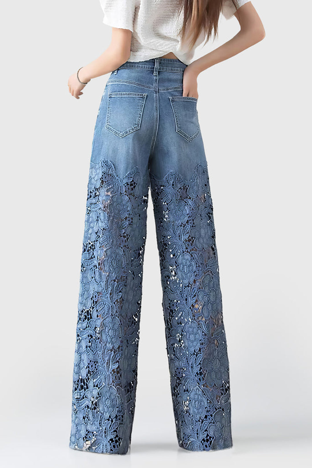 Lace-Detail Patchwork Wide-Leg Jeans