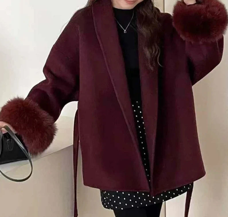 Mulberry Luxe Faux Fur Cuff Wrap Coat