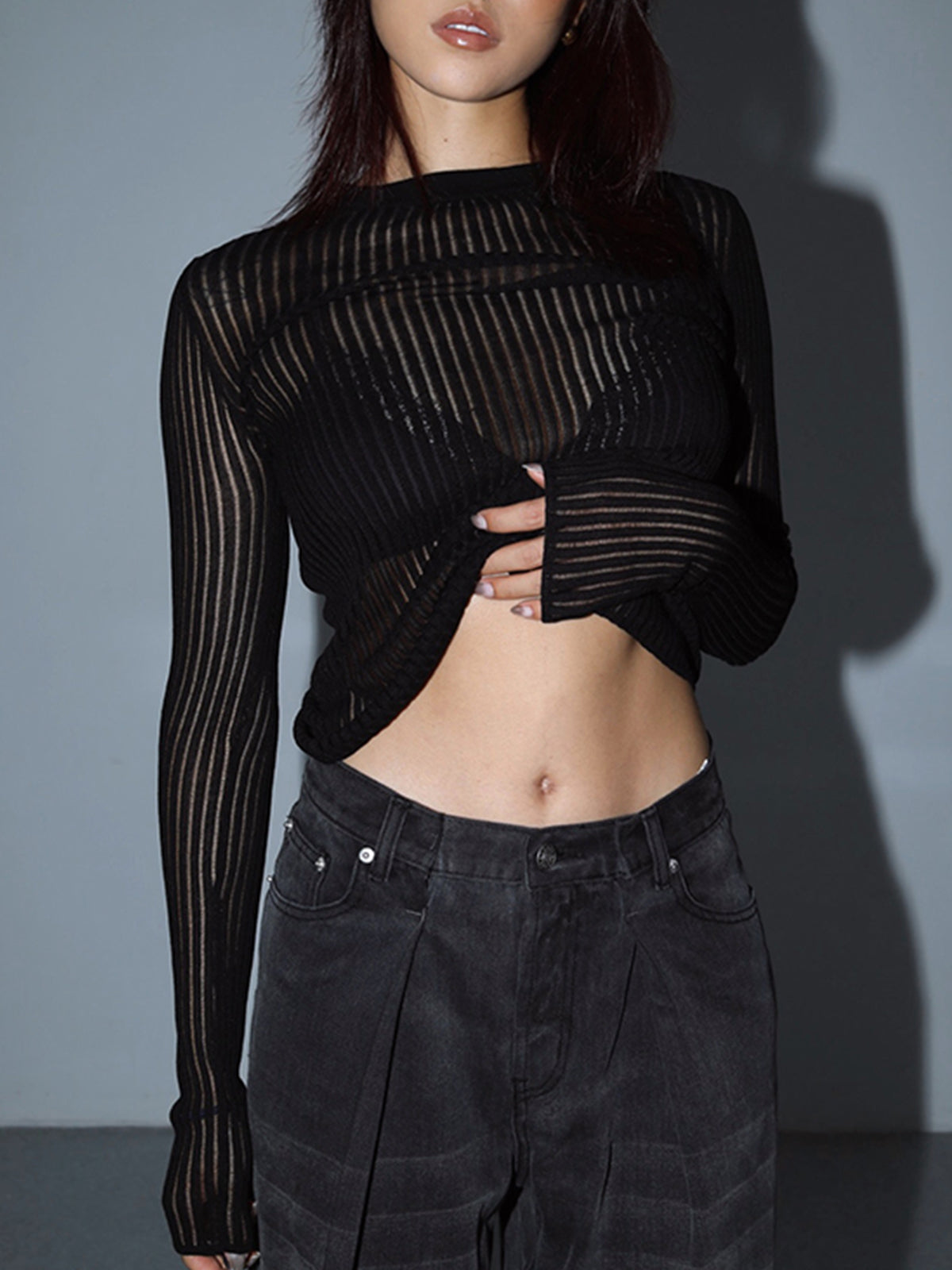 See-Through Striped Long Sleeve Top