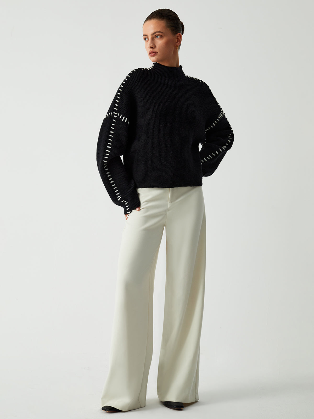 Oversized Stitched Detail Ribbed Sweater