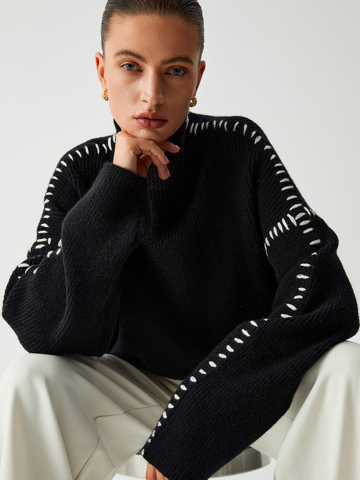 Oversized Stitched Detail Ribbed Sweater