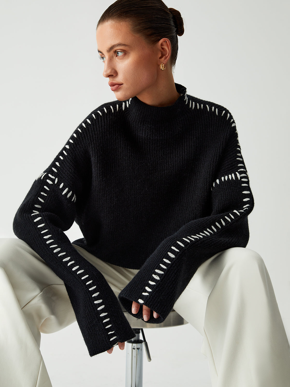 Oversized Stitched Detail Ribbed Sweater