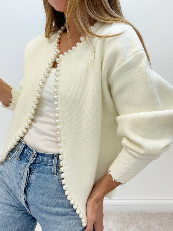 Pearl-Trim Frayed Hem Cardigan