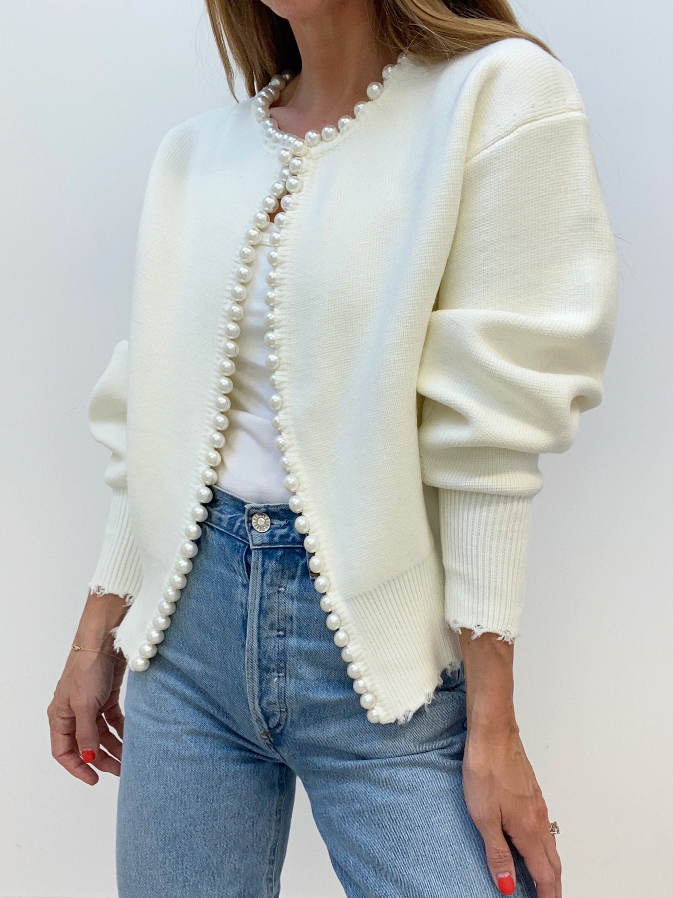 Pearl-Trim Frayed Hem Cardigan