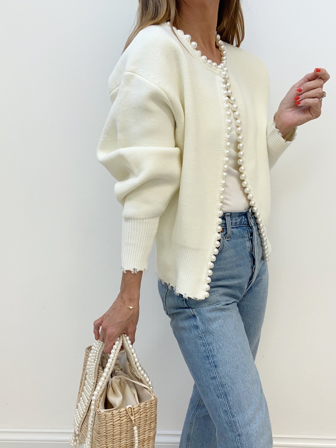 Pearl-Trim Frayed Hem Cardigan