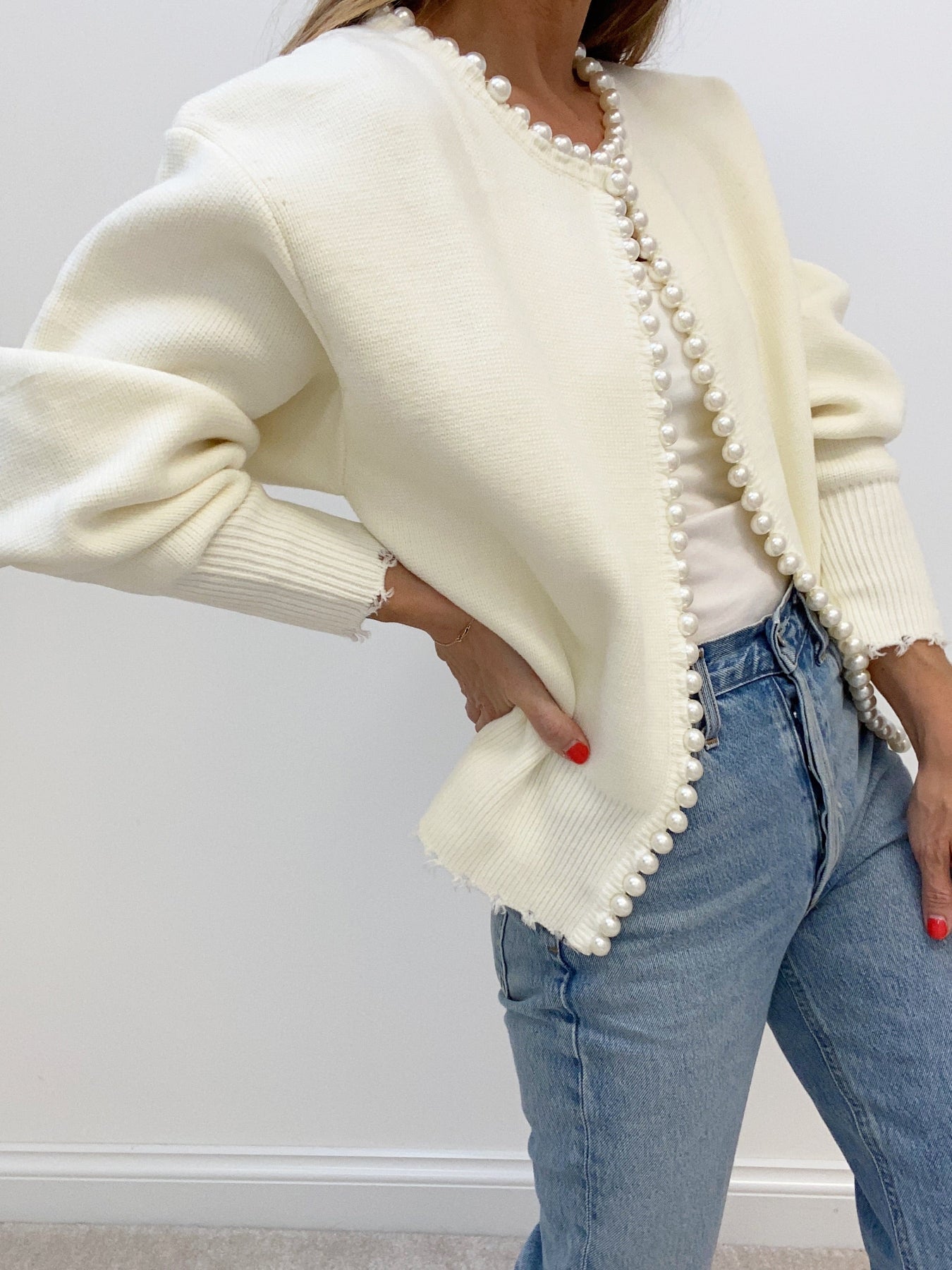 Pearl-Trim Frayed Hem Cardigan