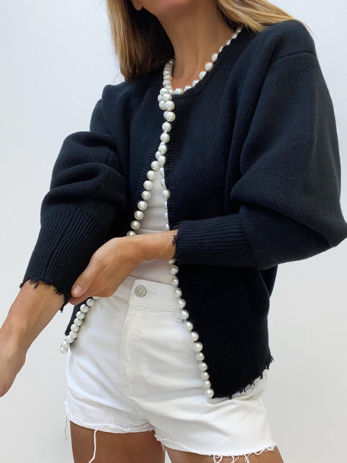 Pearl-Trim Frayed Hem Cardigan