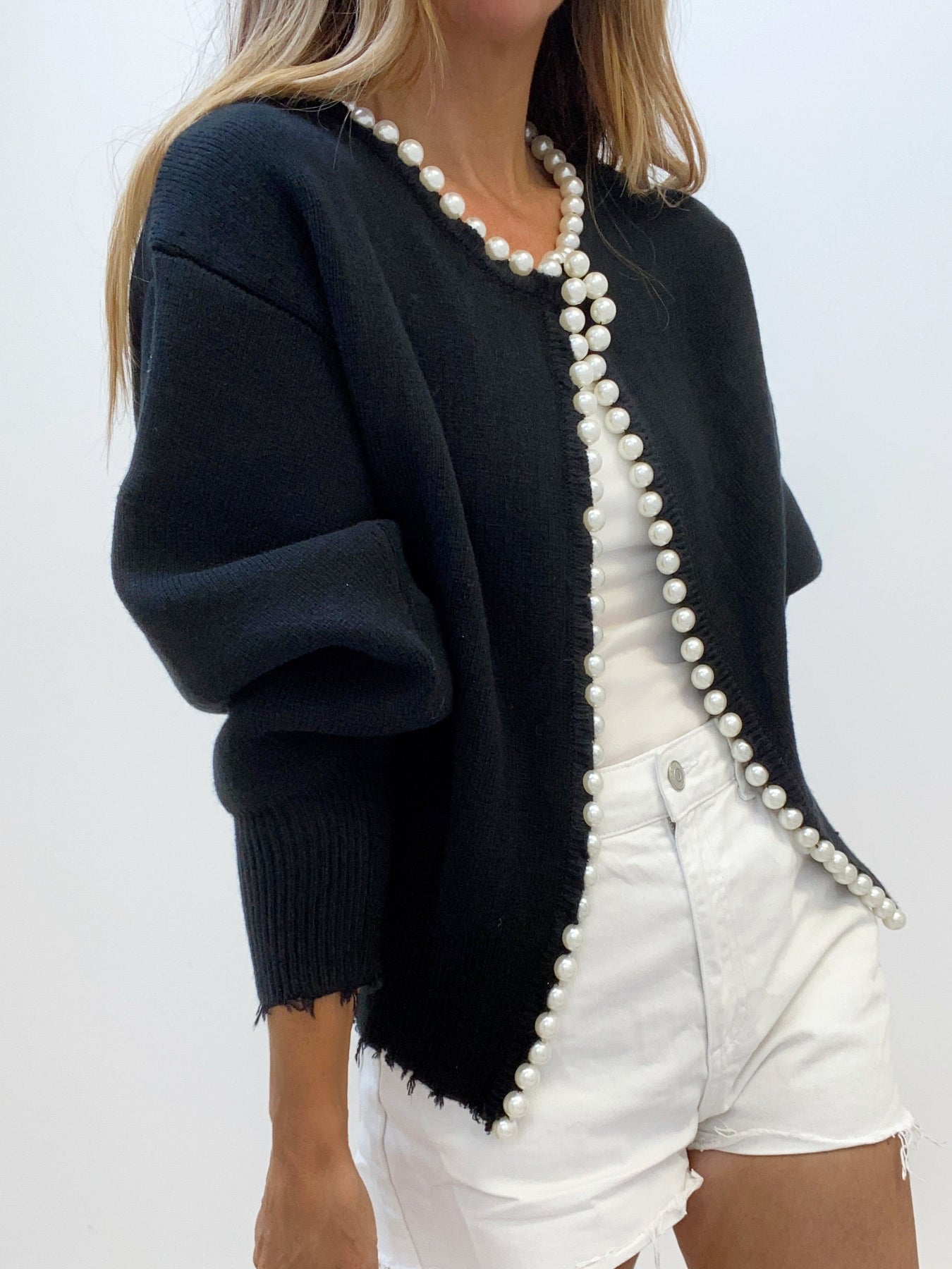 Pearl-Trim Frayed Hem Cardigan