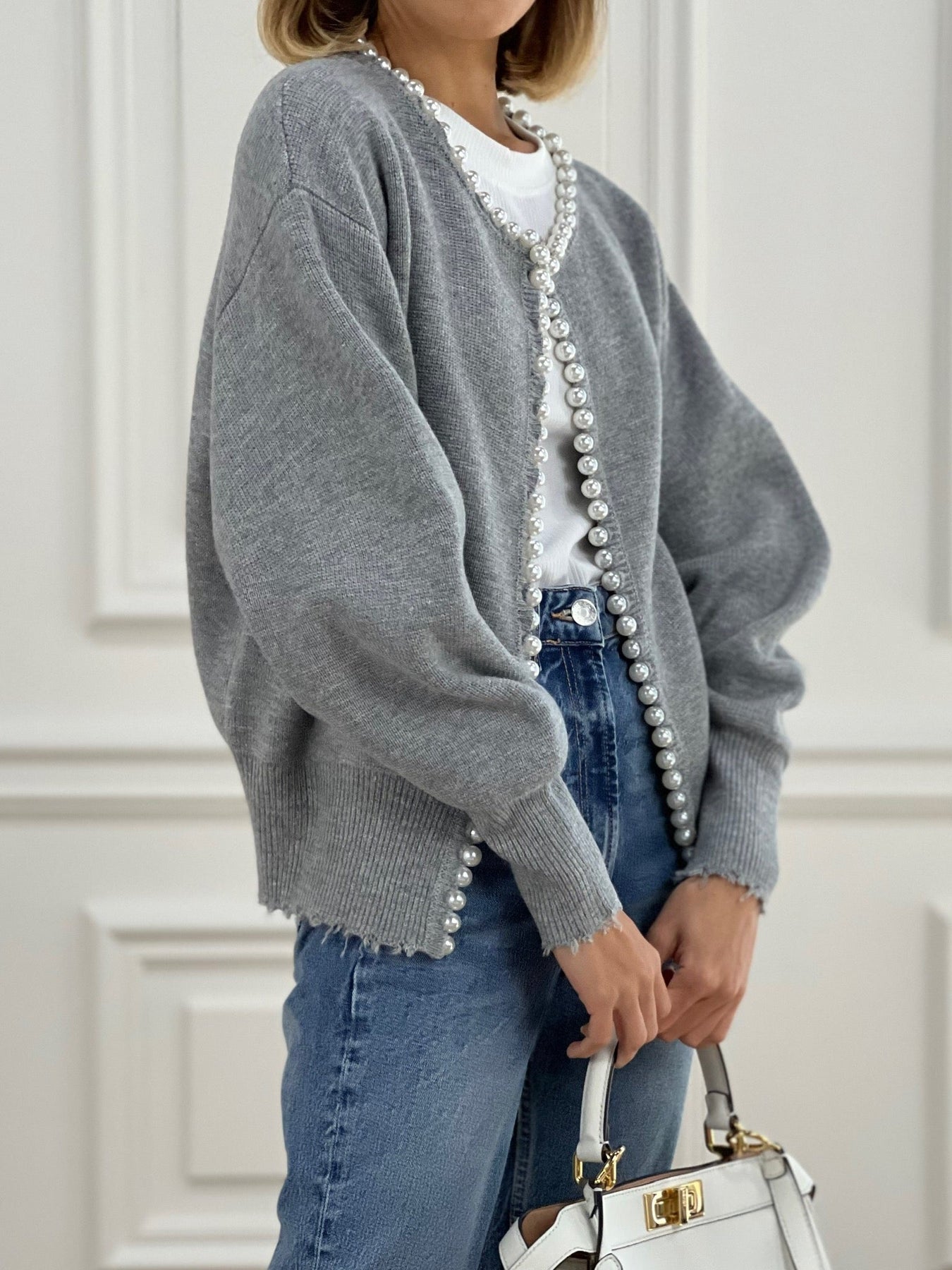 Pearl-Trim Frayed Hem Cardigan