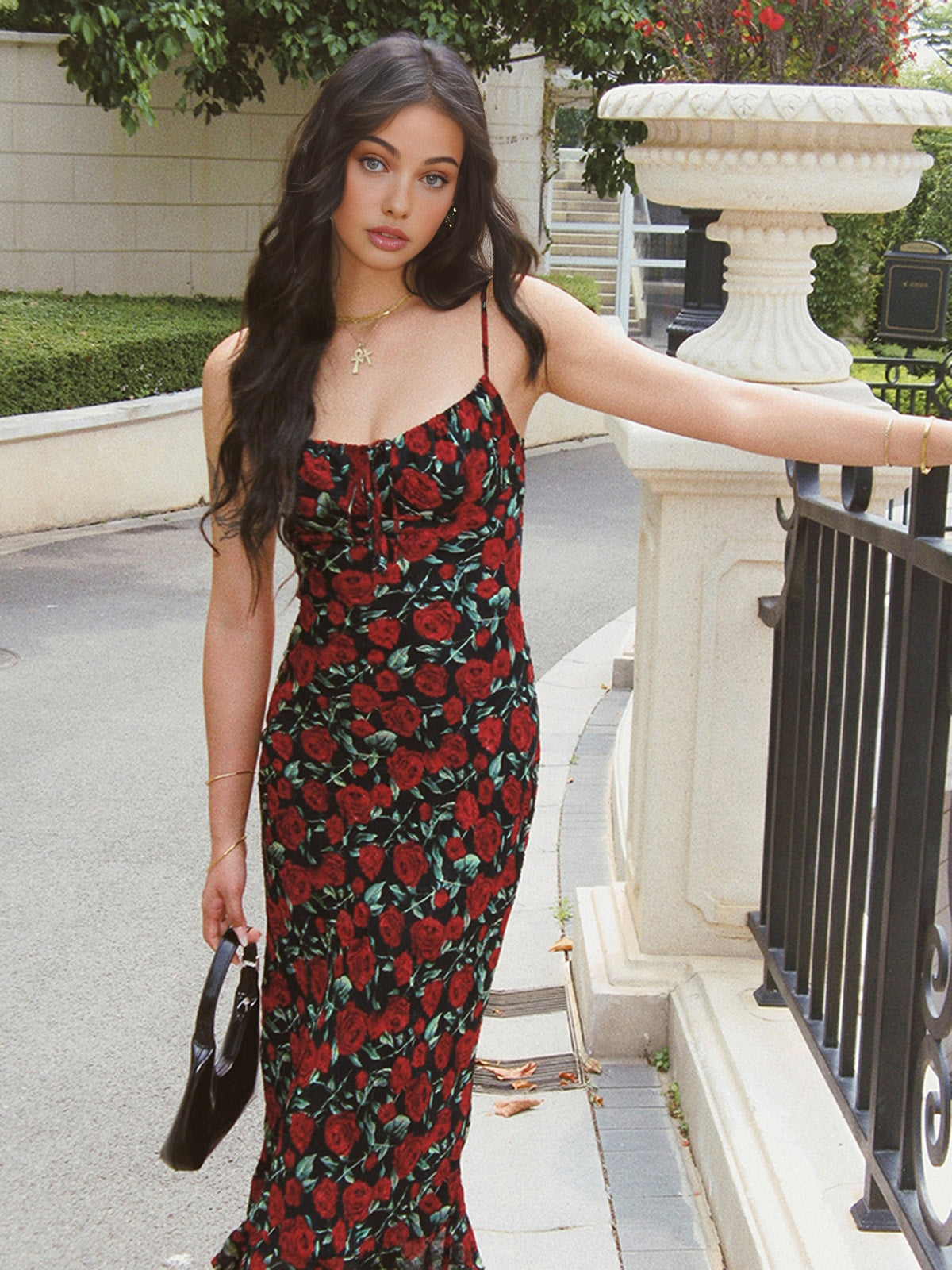 Red Rose Print Midi Dress