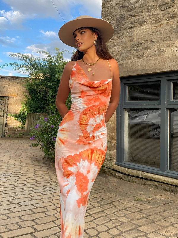 Orange Tie-Dye Cowl Neck Maxi Dress