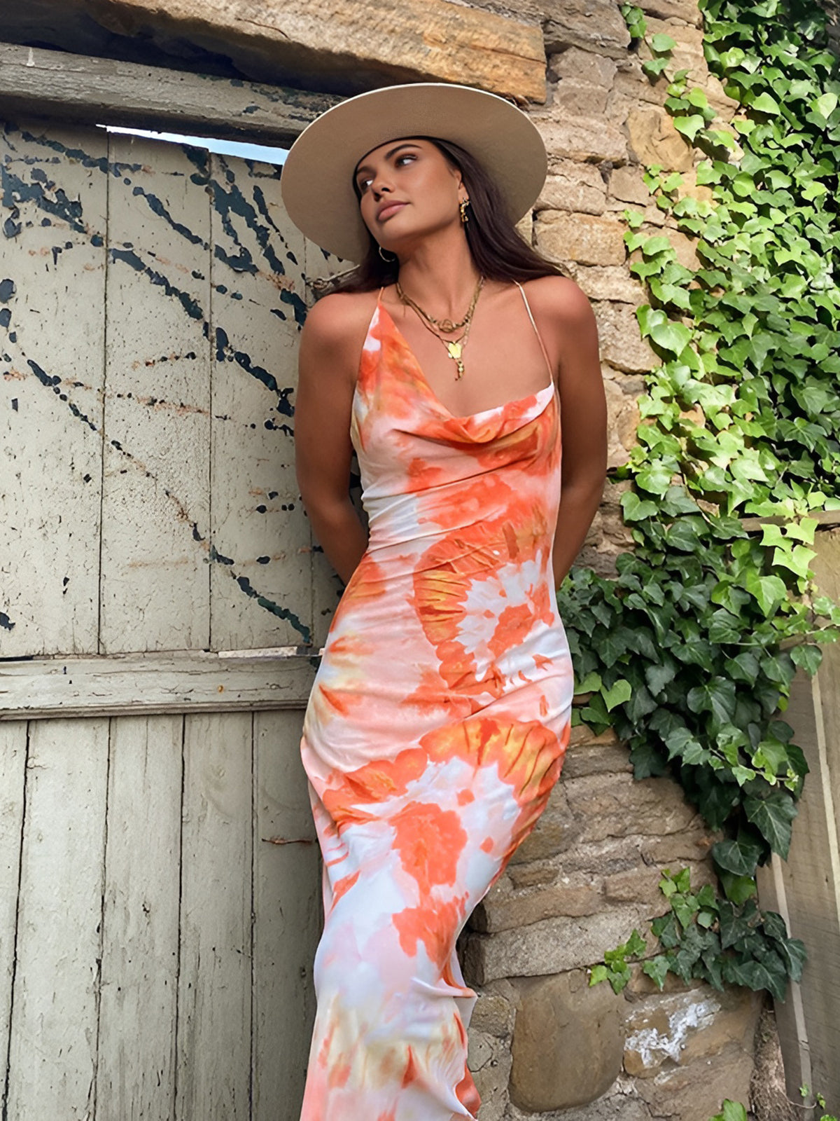 Orange Tie-Dye Cowl Neck Maxi Dress