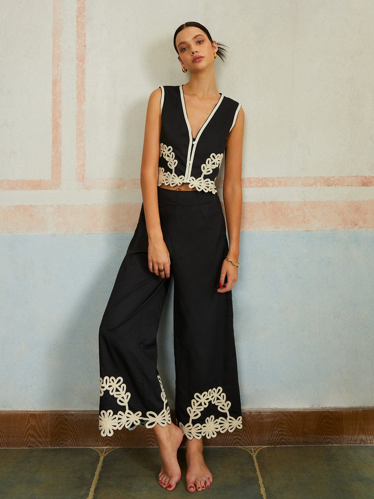 Capri Embroidered Trim Two-Piece Set
