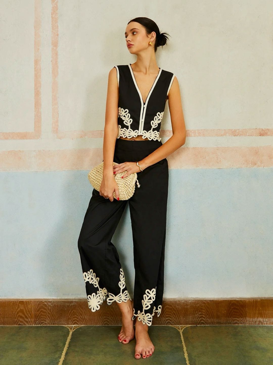Capri Embroidered Trim Two-Piece Set