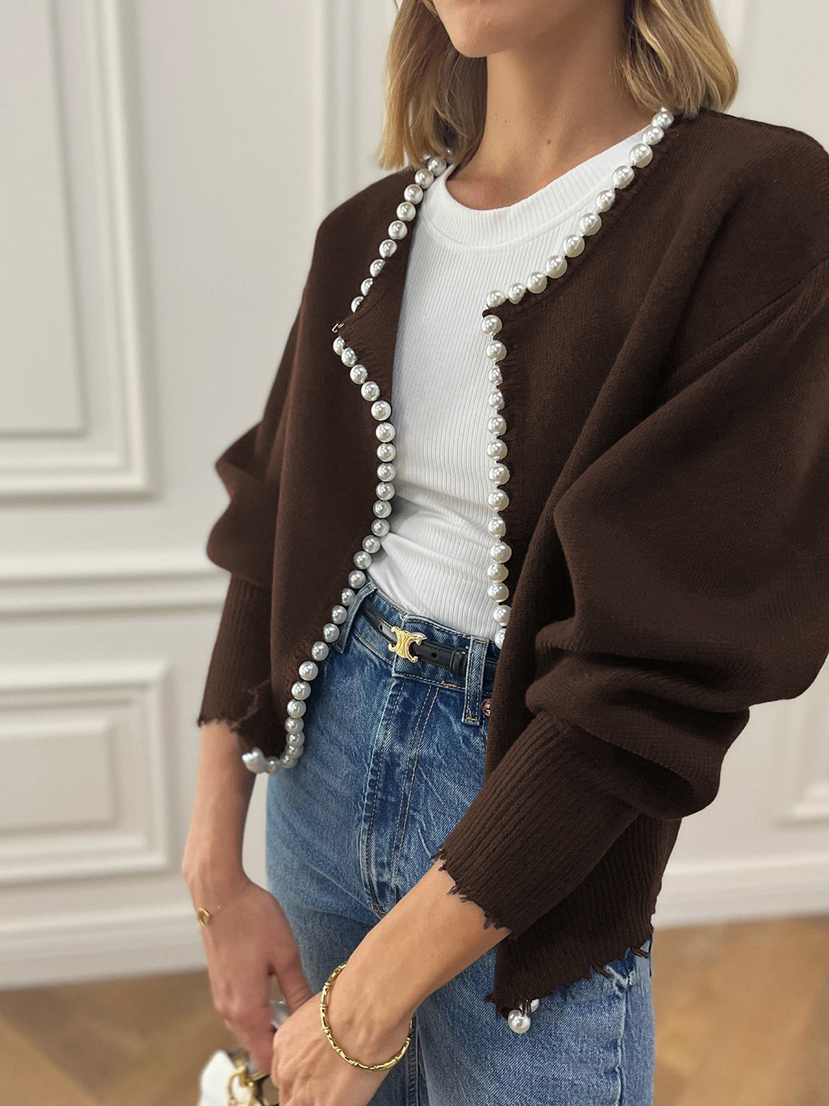 Pearl-Trim Frayed Hem Cardigan