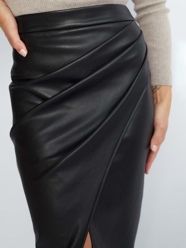 Pleated Split Leather Skirt