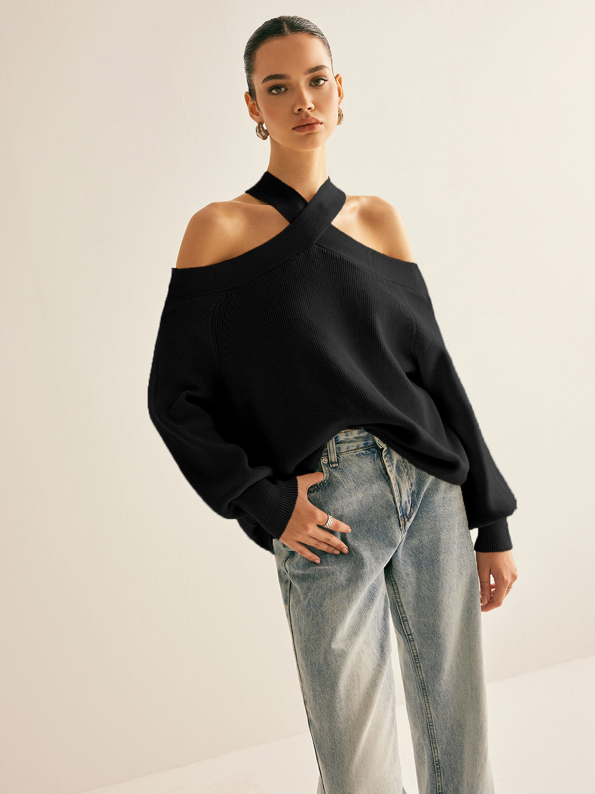Cross Back Off-Shoulder Knit Sweater