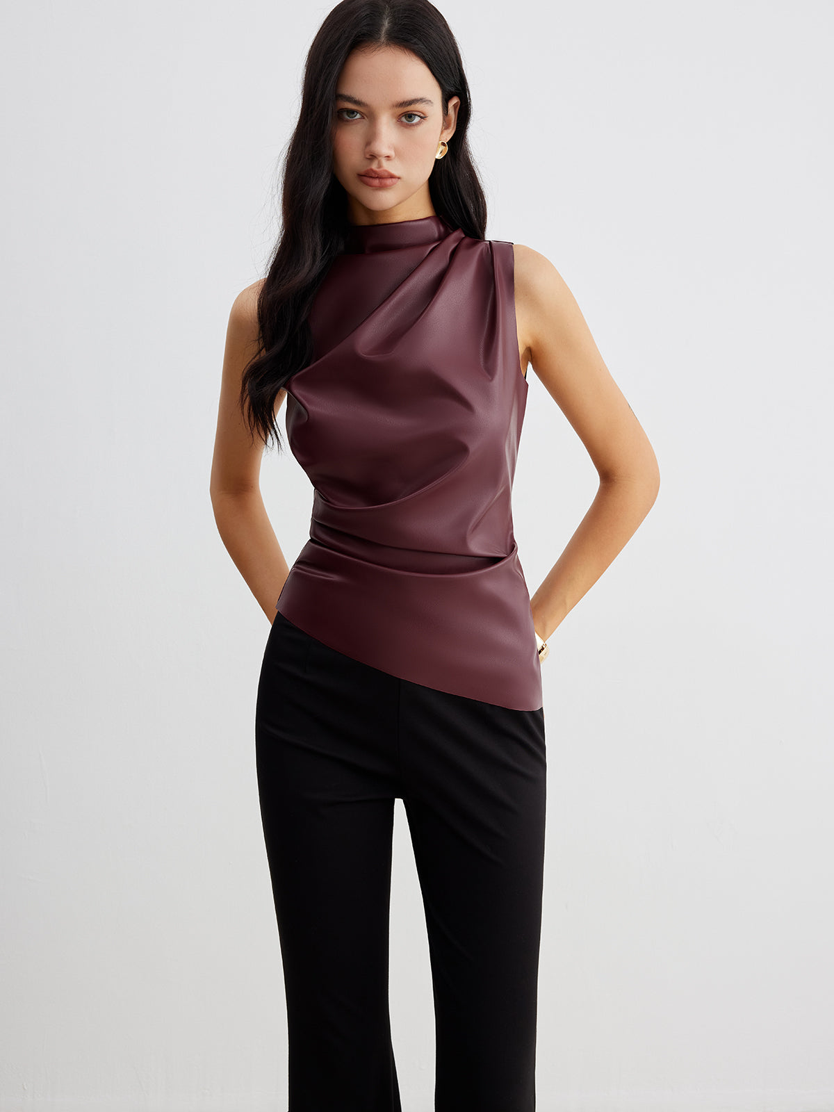 Crimson Faux Leather Draped Top