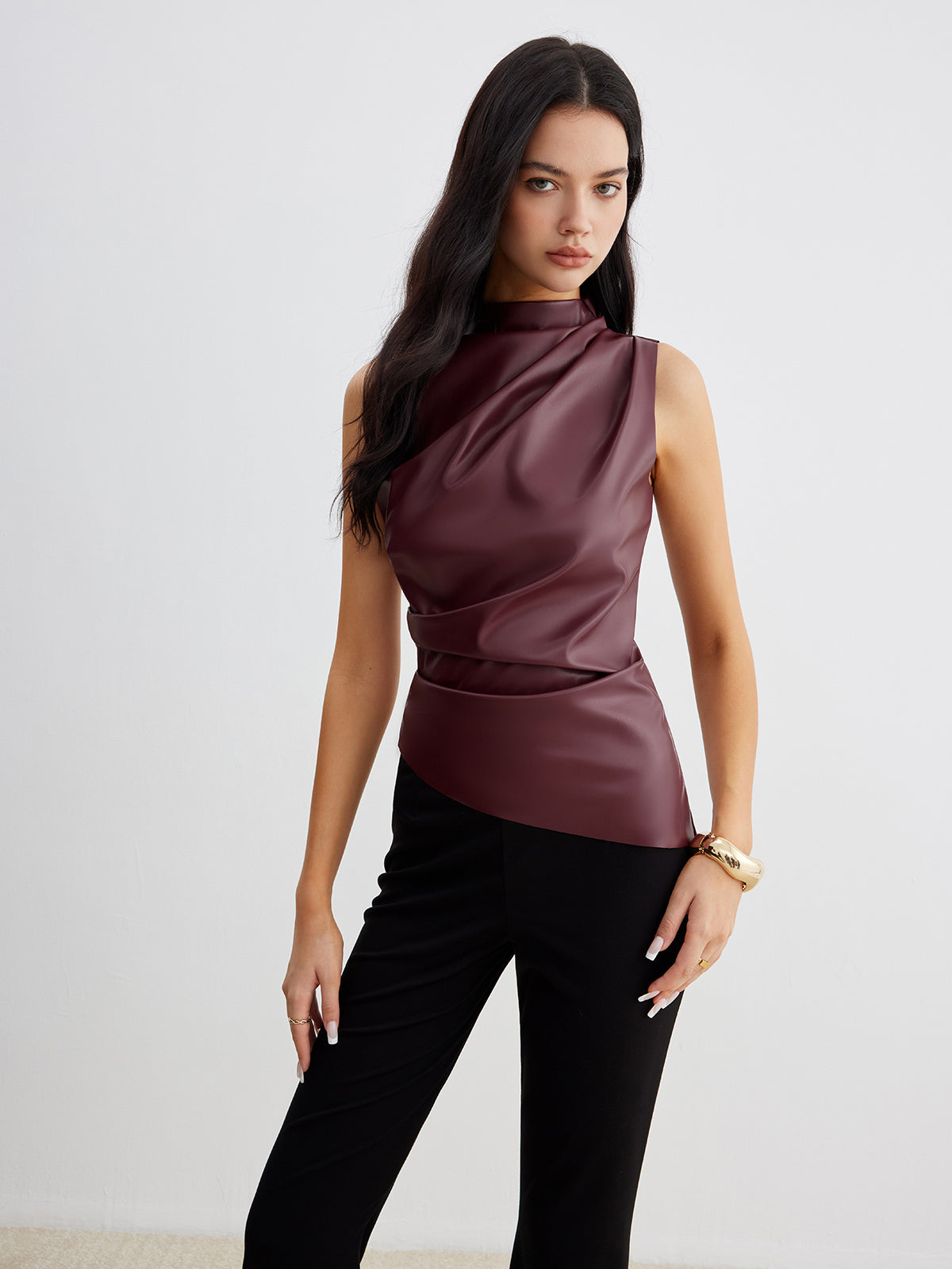 Crimson Faux Leather Draped Top