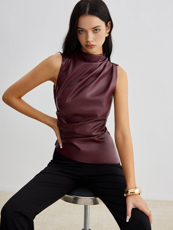Crimson Faux Leather Draped Top